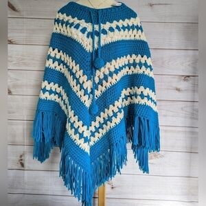 Handcrafted Chunky Crochet Knit Poncho Cape with Pom Poms in Blue and Cream NWT